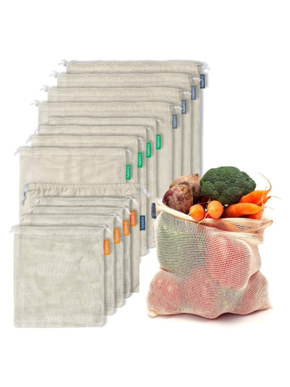 Reusable Produce Bags Organic Cotton Mesh Washable 12+1 Set Tare Weigh